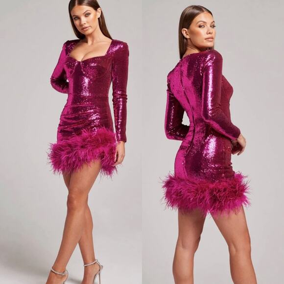NADINE MERABI Dresses & Skirts - Nadine Merabi Sequin Miley Feather Longsleeve Dress Pink XS Barbie Bachelorette